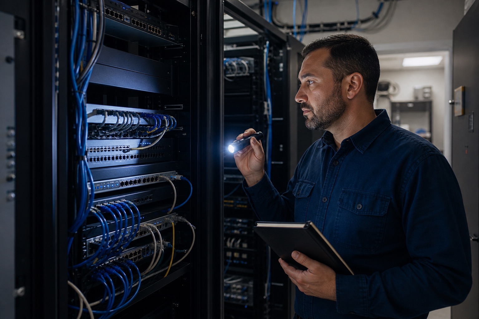 IT professional inspecting orderly network equipment in a network closet